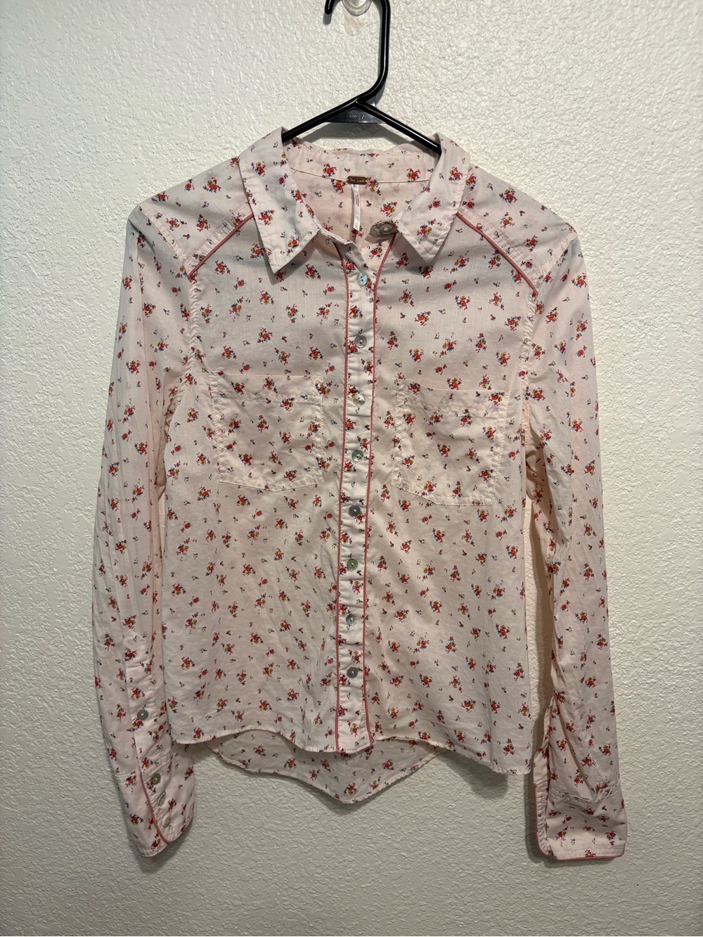 Free People Where Are You Floral Button-Up Shirt in Light Pink with Piping S